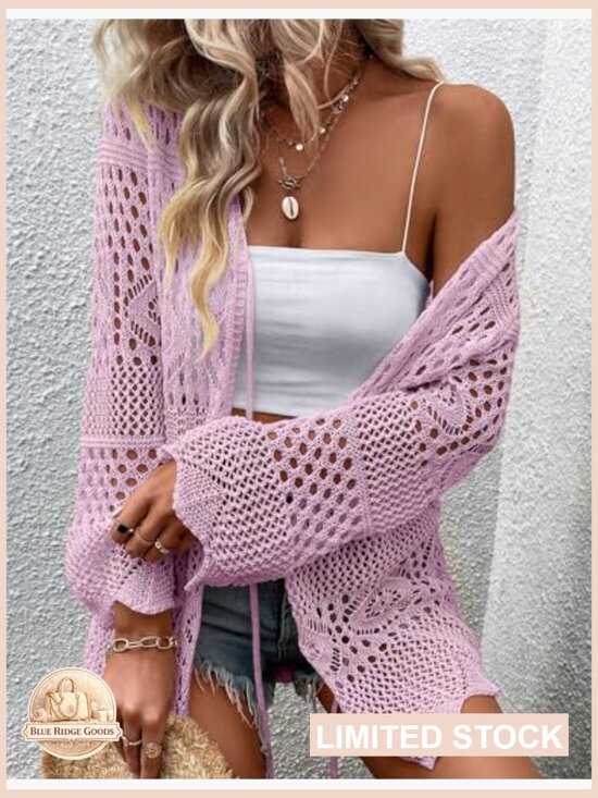 Crochet Cardigan Lightweight Long Sleeve Tie Front Boho Beach Coverup - Picture 4 of 4